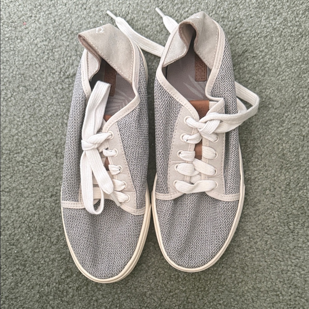 OluKai Knit Lace-Up Sneakers in Light Gray and Cream